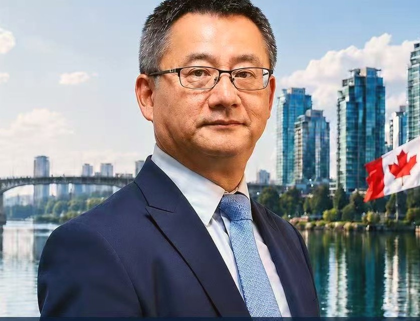 Jack Chen, 2026 candidate for Richmond City Council, with the Richmond skyline behind him