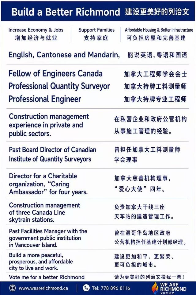 Jack Chen platform poster: Build a Better Richmond, in English and Chinese