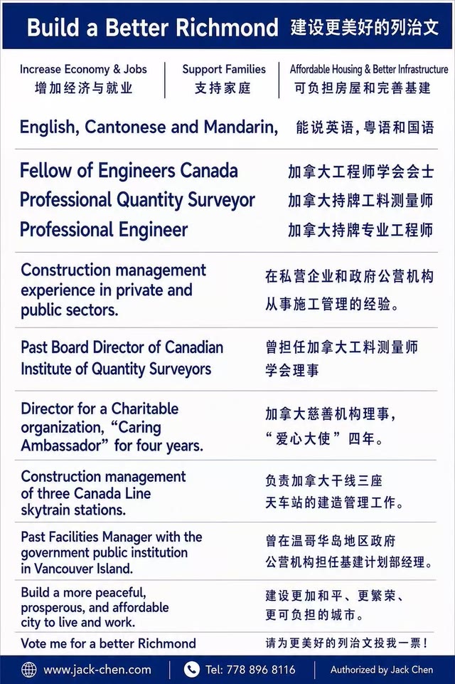 Jack Chen platform poster: Build a Better Richmond, in English and Chinese